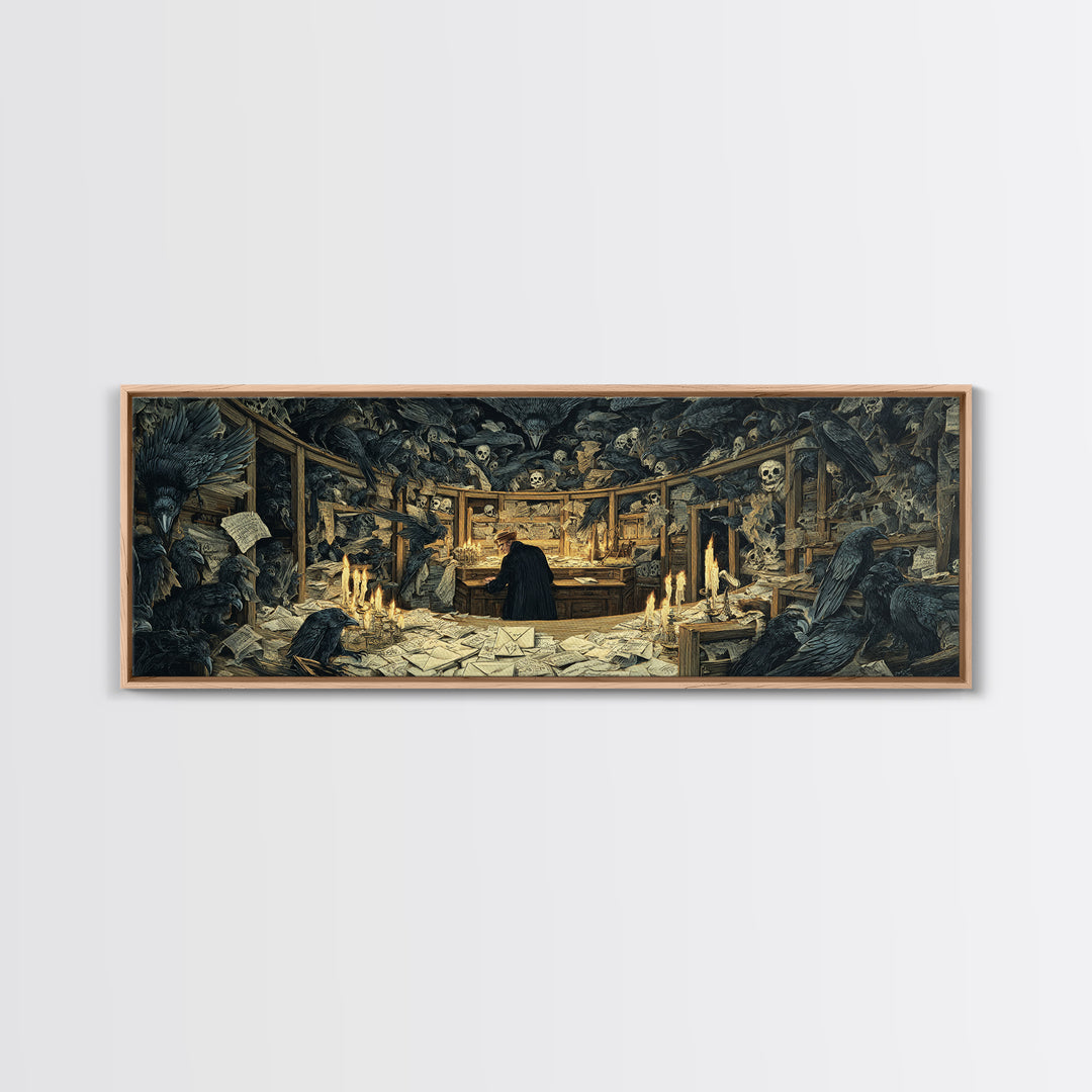 The Raven Post Office, Dark Renaissance Art, Extra Wide Wall Art, Gothic Horror Wall Art, Framed Canvas Print, Halloween Wall Art