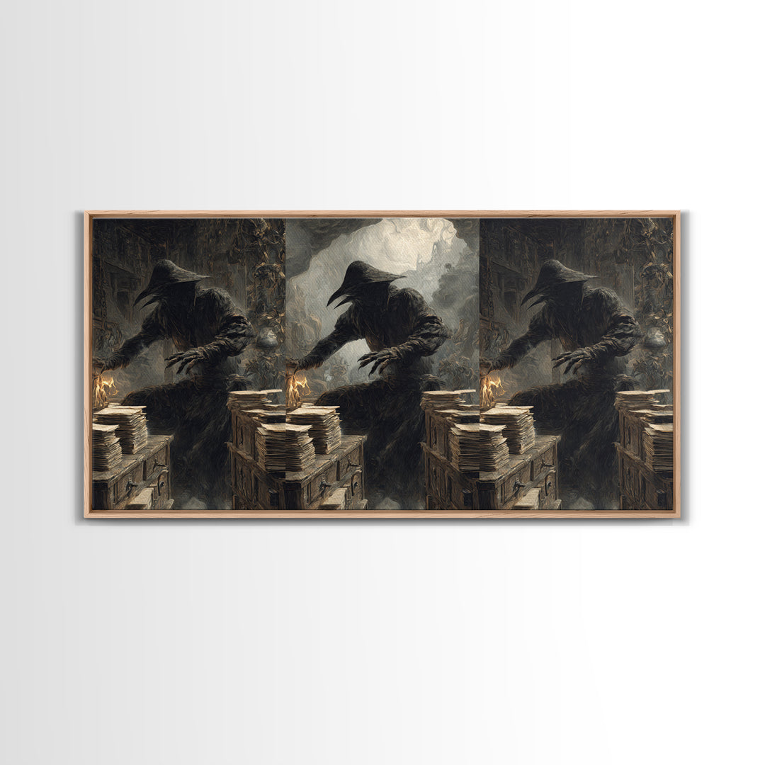 The Raven Post Office, Baroque Witchcraft Art, Wide Panoramic Art, Macabre Wall Art, Framed Canvas Print, Halloween Wall Art