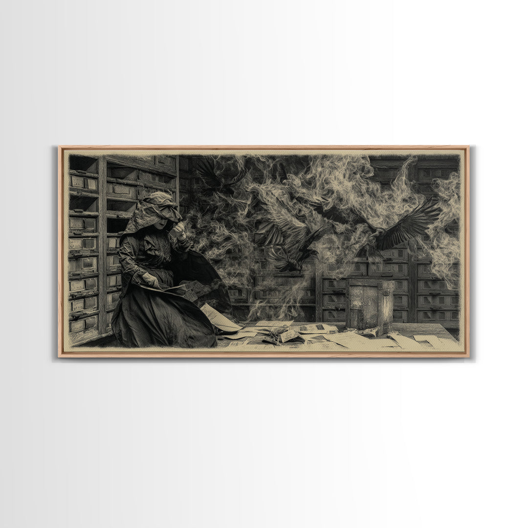 The Raven Post Office, Dark Romantic Horror Art, Wide Panoramic Art, Dark Fantasy Wall Art, Canvas Print, Halloween Wall Art