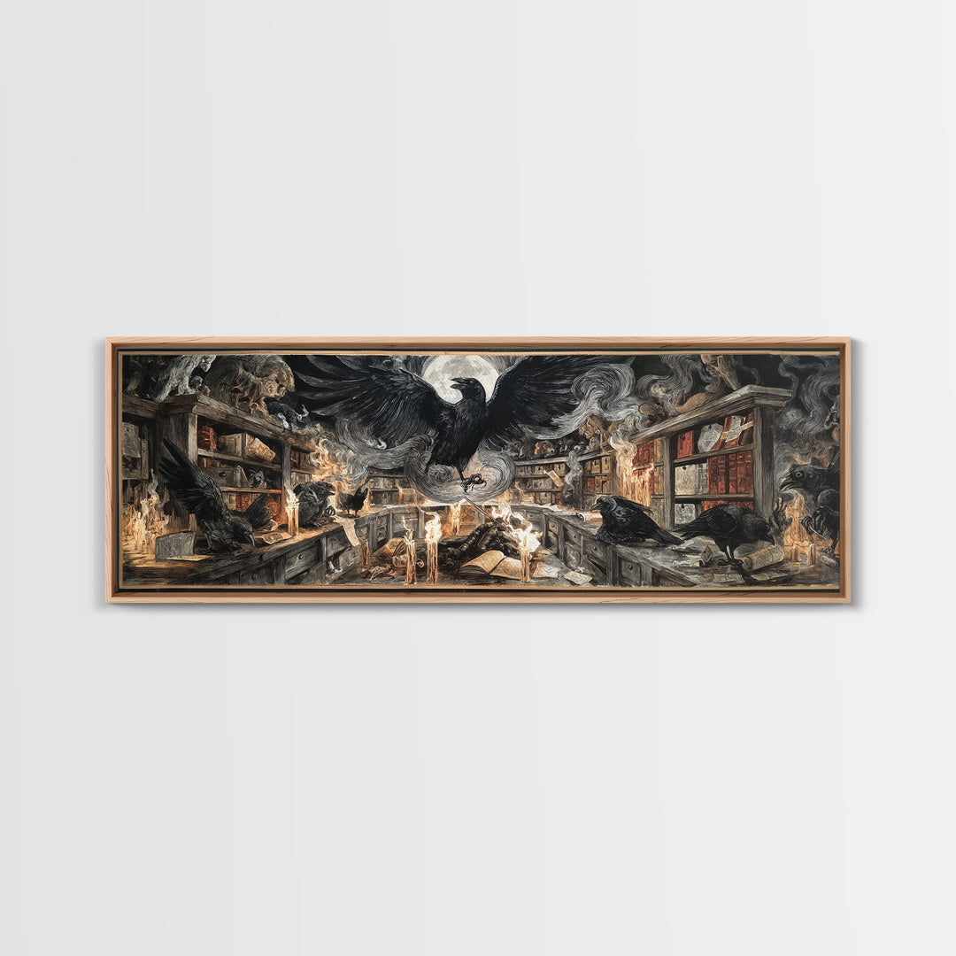 The Raven Post Office, Visionary Gothic Art, Extra Wide Wall Art, Macabre Wall Art, Framed Canvas Print, Halloween Wall Art