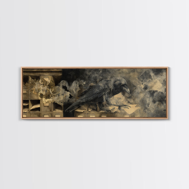 The Raven Post Office, Symbolist Dream Art, Extra Wide Wall Art, Macabre Wall Art, Framed Canvas Print, Halloween Wall Art