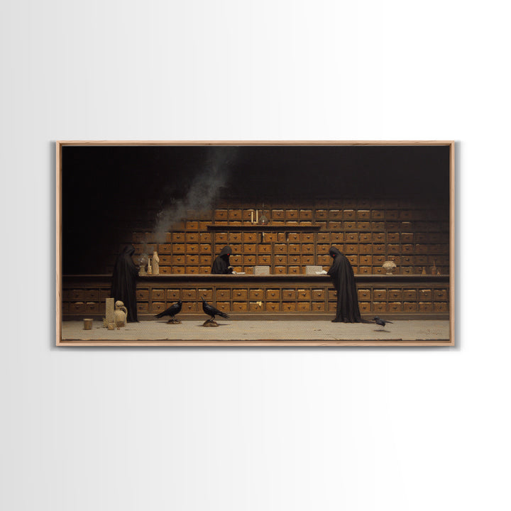 The Raven Post Office, Symbolist Gothic Landscape, Wide Panoramic Art, Macabre Wall Art, Framed Canvas Print, Halloween Wall Art