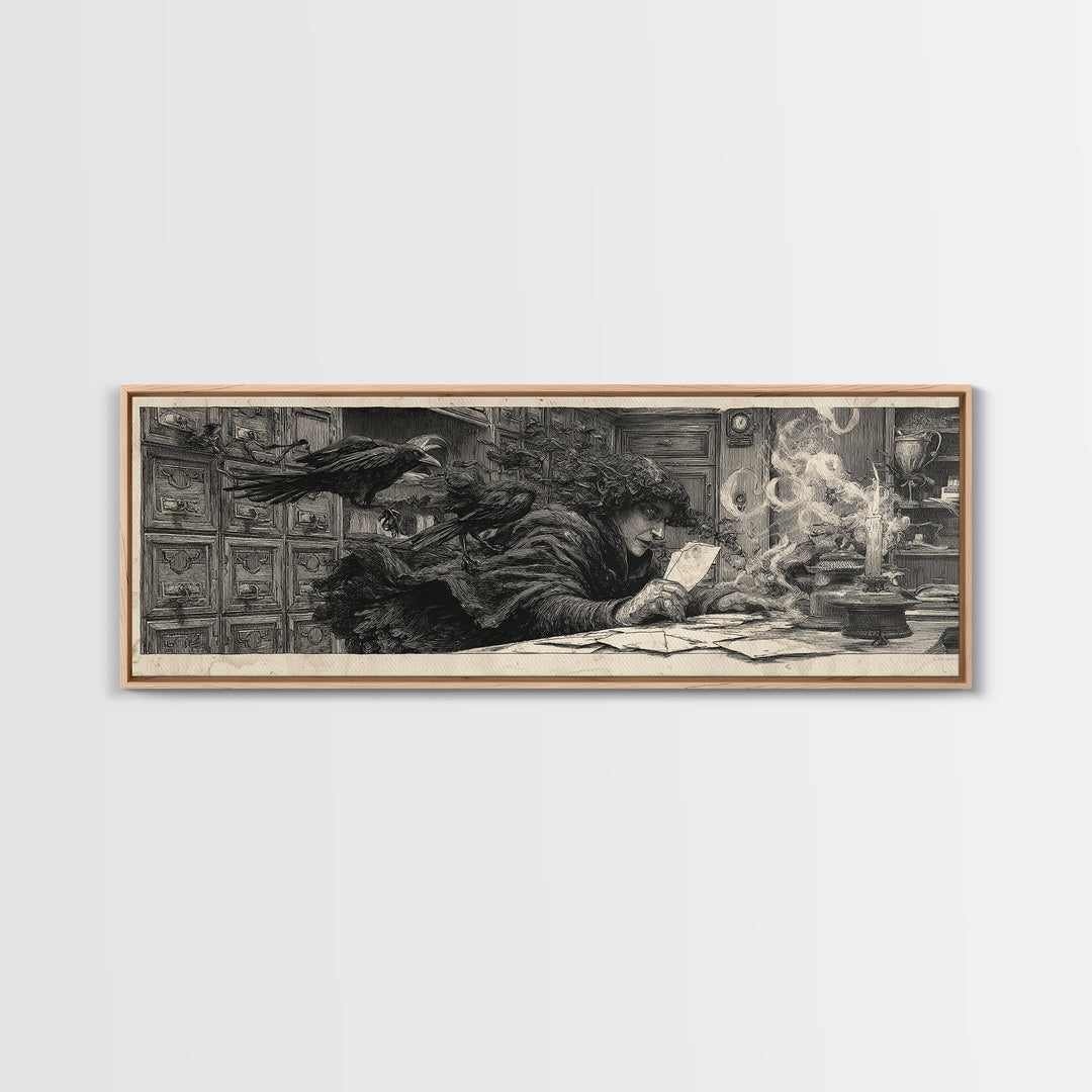 The Raven Post Office, Symbolist Etching Art, Extra Wide Wall Art, Dark Fantasy Wall Art, Canvas Print, Halloween Wall Art