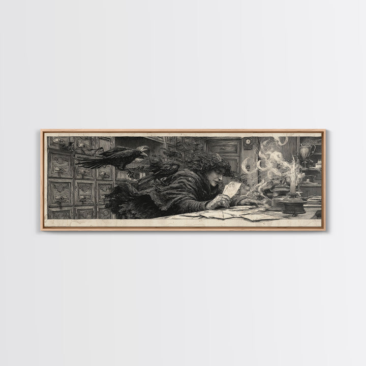 The Raven Post Office, Symbolist Etching Art, Extra Wide Wall Art, Dark Fantasy Wall Art, Canvas Print, Halloween Wall Art