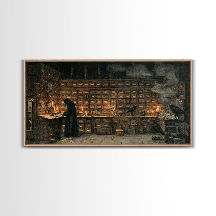 The Raven Post Office, Expressionist Nightmare Art, Wide Panoramic Art, Dark Fantasy Wall Art, Framed Canvas Print, Halloween Wall Art