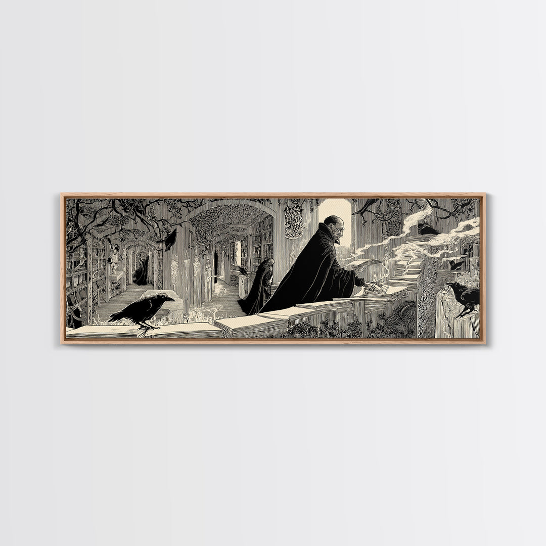 The Raven Post Office, Decadent Line Art, Extra Wide Wall Art, Macabre Wall Art, Framed Canvas Print, Halloween Wall Art