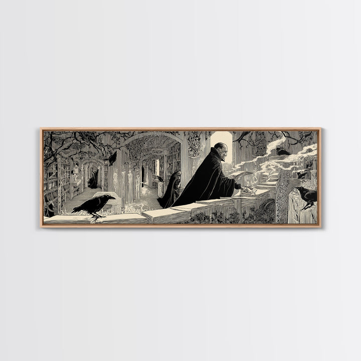 The Raven Post Office, Decadent Line Art, Extra Wide Wall Art, Macabre Wall Art, Framed Canvas Print, Halloween Wall Art