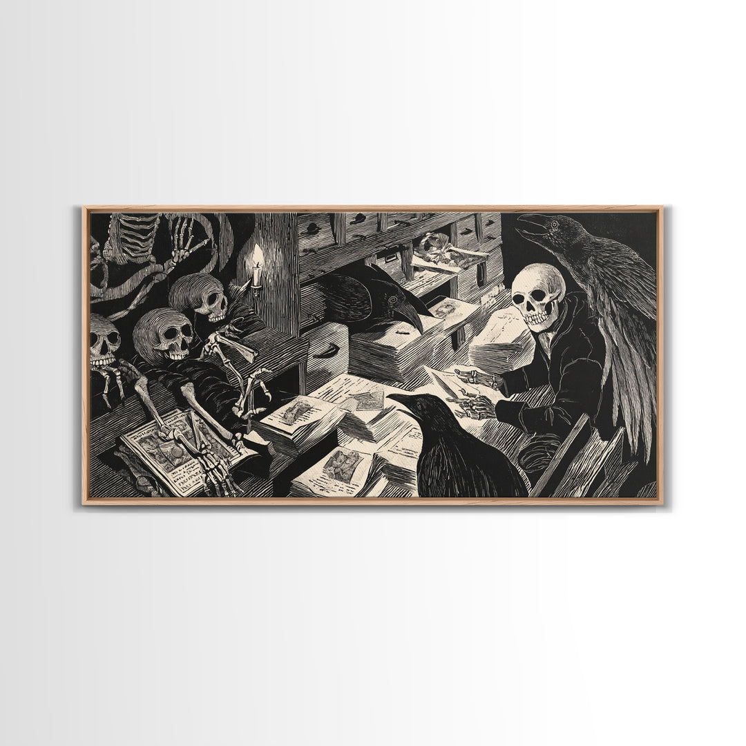 The Raven Post Office, Macabre Folk Print Art, Wide Panoramic Art, Gothic Horror Wall Art, Canvas Print, Halloween Wall Art