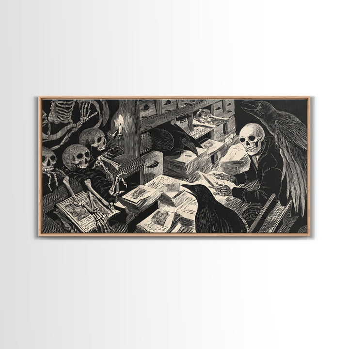 The Raven Post Office, Macabre Folk Print Art, Wide Panoramic Art, Gothic Horror Wall Art, Canvas Print, Halloween Wall Art