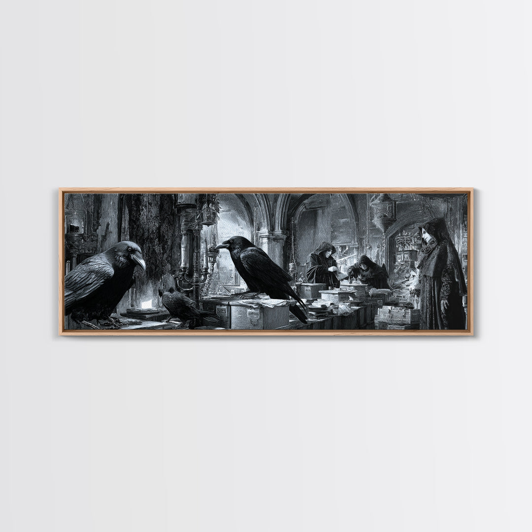 The Raven Post Office, Biomechanical Horror Art, Extra Wide Wall Art, Dark Halloween Decor, Framed Canvas Print, Halloween Wall Art