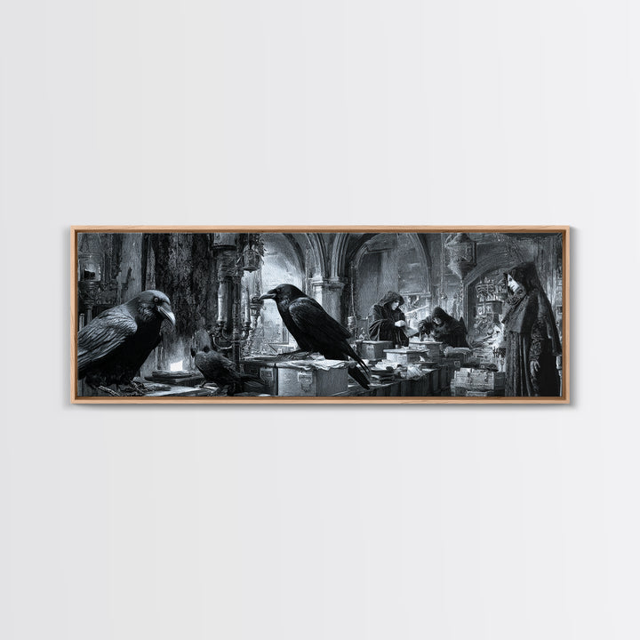 The Raven Post Office, Biomechanical Horror Art, Extra Wide Wall Art, Dark Halloween Decor, Framed Canvas Print, Halloween Wall Art