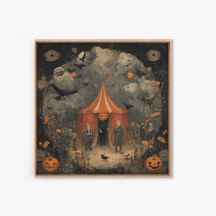 The Jack-O'-Lantern Circus, Symbolist Dream Art, Square Wall Art, Dark Halloween Decor, Framed Canvas Print, Halloween Wall Art