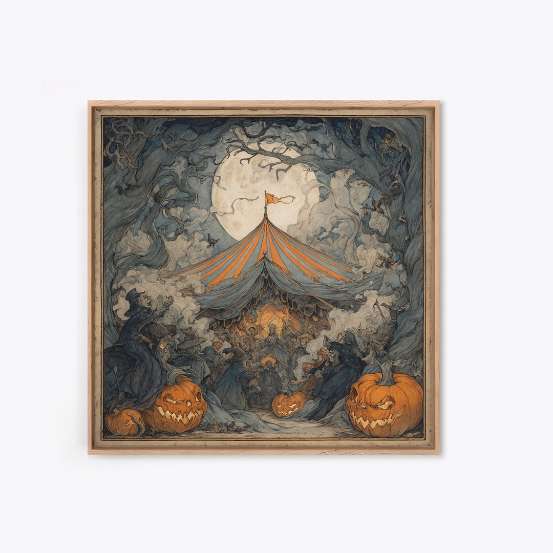 The Jack-O'-Lantern Circus, Gothic Storybook Art, Square Wall Art, Dark Halloween Decor, Framed Canvas Print, Halloween Wall Art