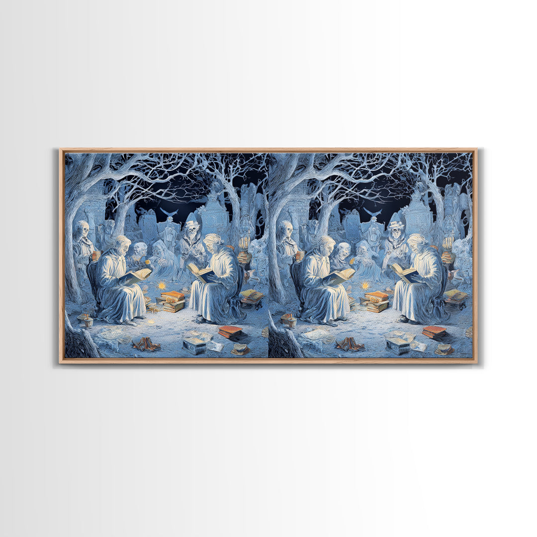 The Graveyard Book Club, Northern Renaissance Horror, Wide Panoramic Art, Macabre Wall Art, Framed Canvas Print