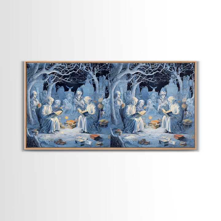 The Graveyard Book Club, Northern Renaissance Horror, Wide Panoramic Art, Macabre Wall Art, Framed Canvas Print