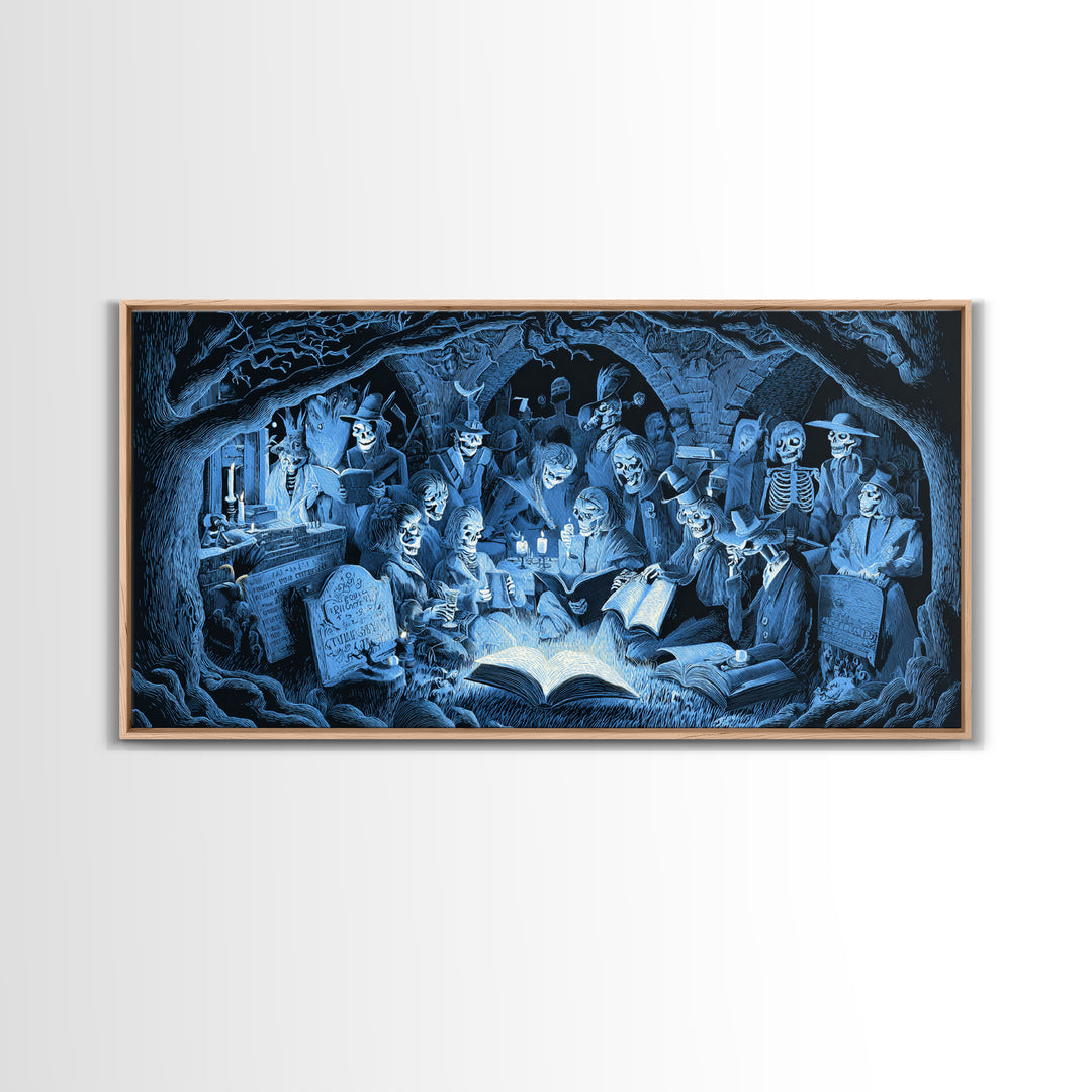 The Graveyard Book Club, Macabre Folk Print Art, Wide Panoramic Art, Macabre Wall Art, Canvas Print, Halloween Wall Art