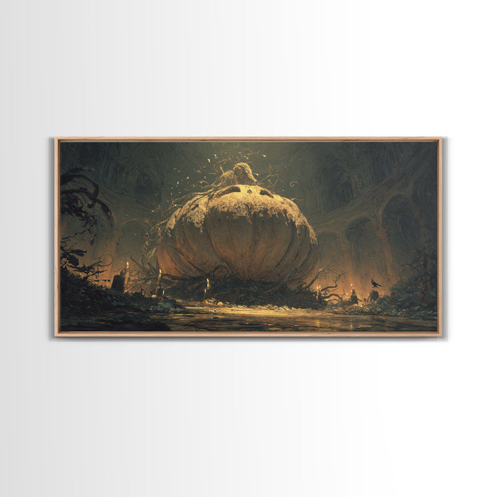 The Cosmic Pumpkin God, Dark Romantic Horror Art, Wide Panoramic Art, Gothic Horror Wall Art, Framed Canvas Print, Halloween Wall Art
