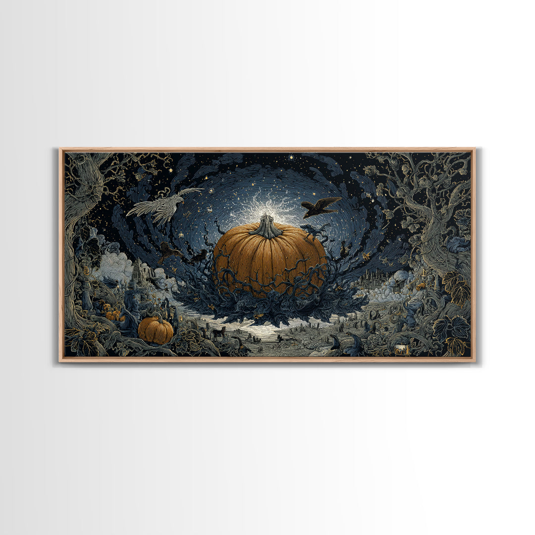 The Cosmic Pumpkin God, Romantic Gothic Landscape, Wide Panoramic Art, Macabre Wall Art, Framed Canvas Print, Halloween Wall Art
