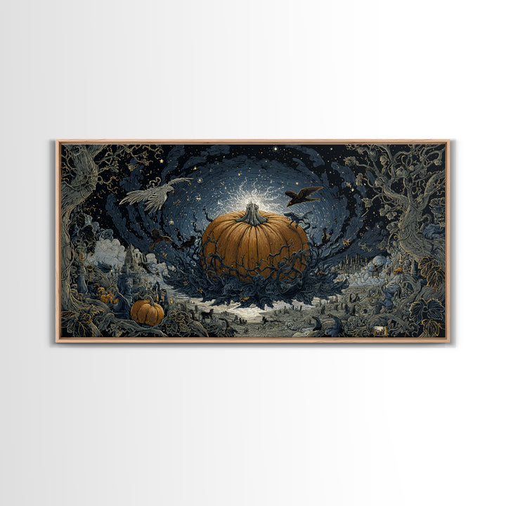The Cosmic Pumpkin God, Romantic Gothic Landscape, Wide Panoramic Art, Macabre Wall Art, Framed Canvas Print, Halloween Wall Art