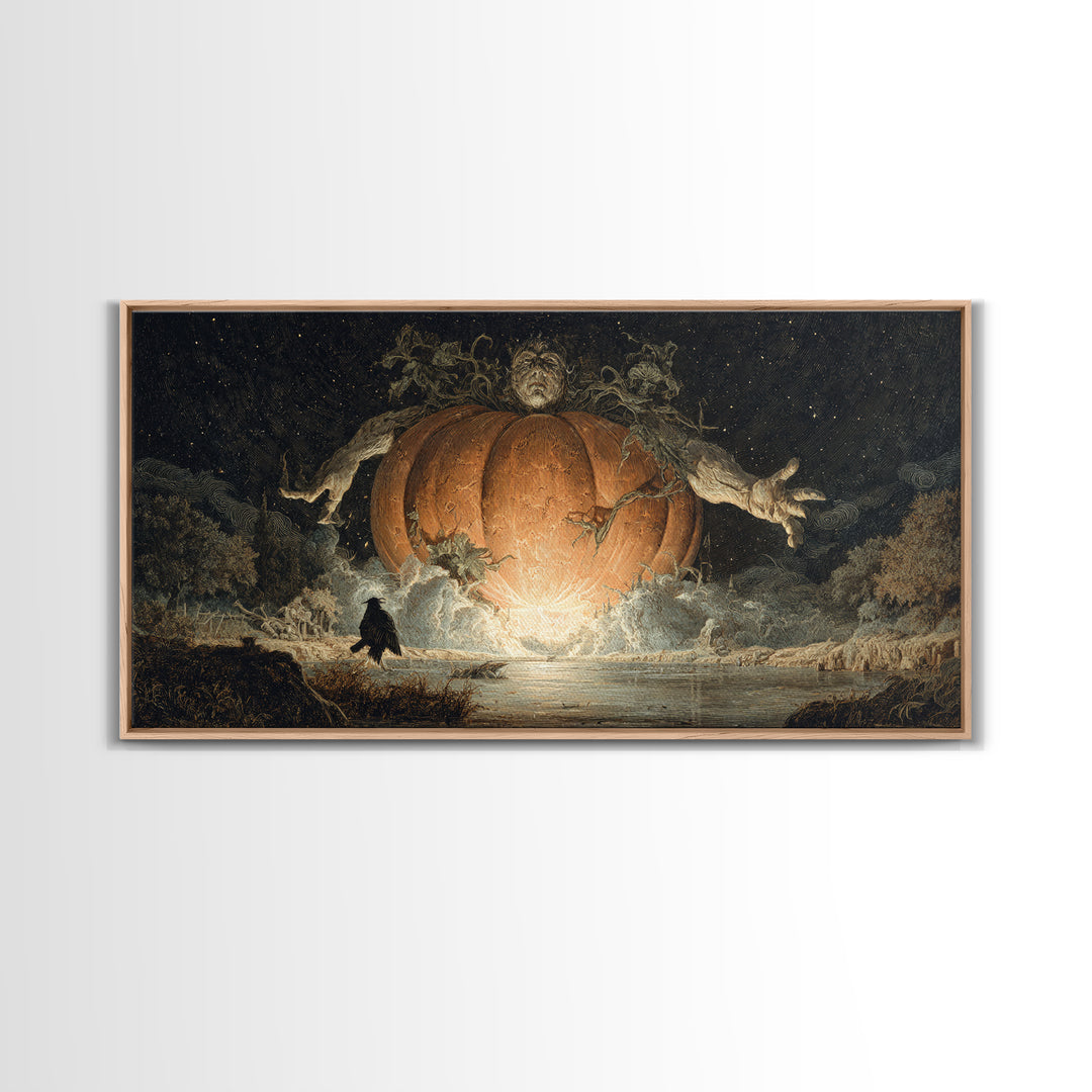 The Cosmic Pumpkin God, Symbolist Gothic Landscape, Wide Panoramic Art, Dark Halloween Decor, Canvas Print, Halloween Wall Art
