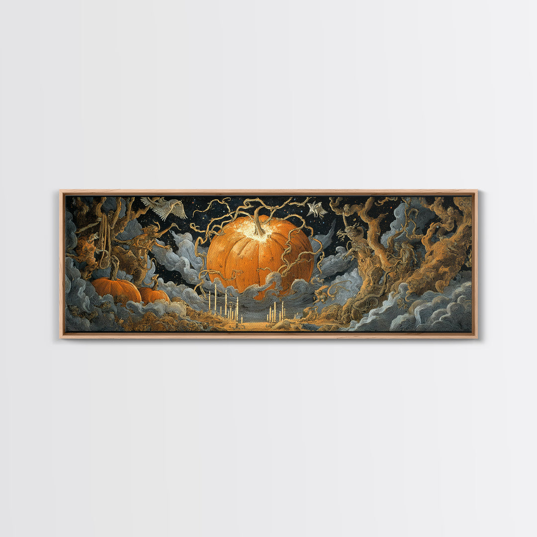 The Cosmic Pumpkin God, Symbolist Etching Art, Extra Wide Wall Art, Dark Halloween Decor, Framed Canvas Print, Halloween Wall Art