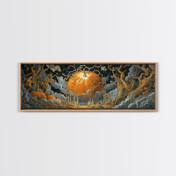 The Cosmic Pumpkin God, Symbolist Etching Art, Extra Wide Wall Art, Dark Halloween Decor, Framed Canvas Print, Halloween Wall Art