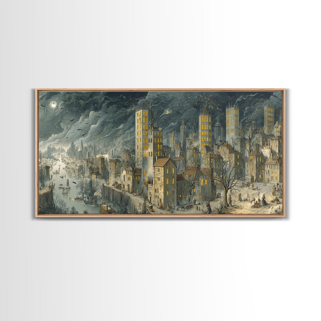 The Haunted City Skyline, Northern Renaissance Horror, Wide Panoramic Art, Gothic Horror Wall Art, Framed Canvas Print