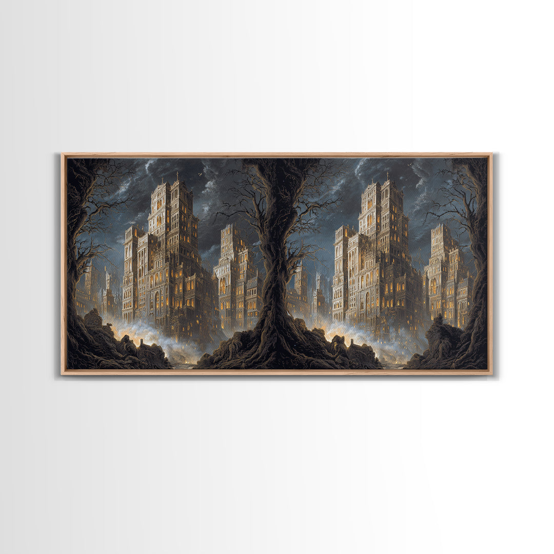 The Haunted City Skyline, Baroque Witchcraft Art, Wide Panoramic Art, Macabre Wall Art, Canvas Print, Halloween Wall Art