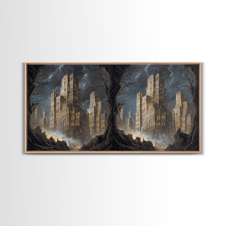 The Haunted City Skyline, Baroque Witchcraft Art, Wide Panoramic Art, Macabre Wall Art, Canvas Print, Halloween Wall Art