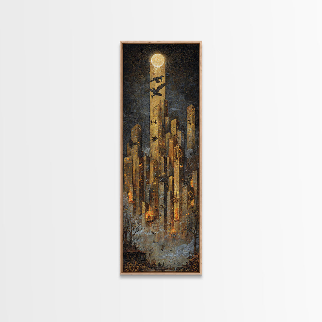 The Haunted City Skyline, Visionary Gothic Art, Tall Narrow Wall Art, Macabre Wall Art, Framed Canvas Print, Halloween Wall Art