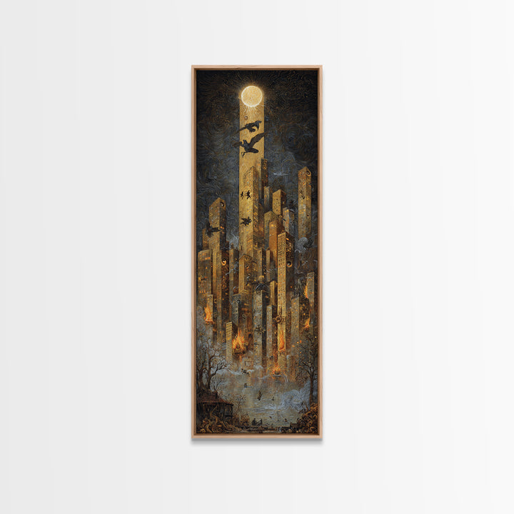 The Haunted City Skyline, Visionary Gothic Art, Tall Narrow Wall Art, Macabre Wall Art, Framed Canvas Print, Halloween Wall Art