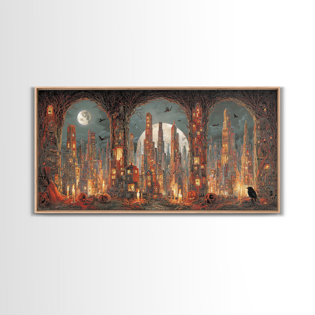 The Haunted City Skyline, Apocalyptic Romantic Art, Wide Panoramic Art, Macabre Wall Art, Canvas Print, Halloween Wall Art