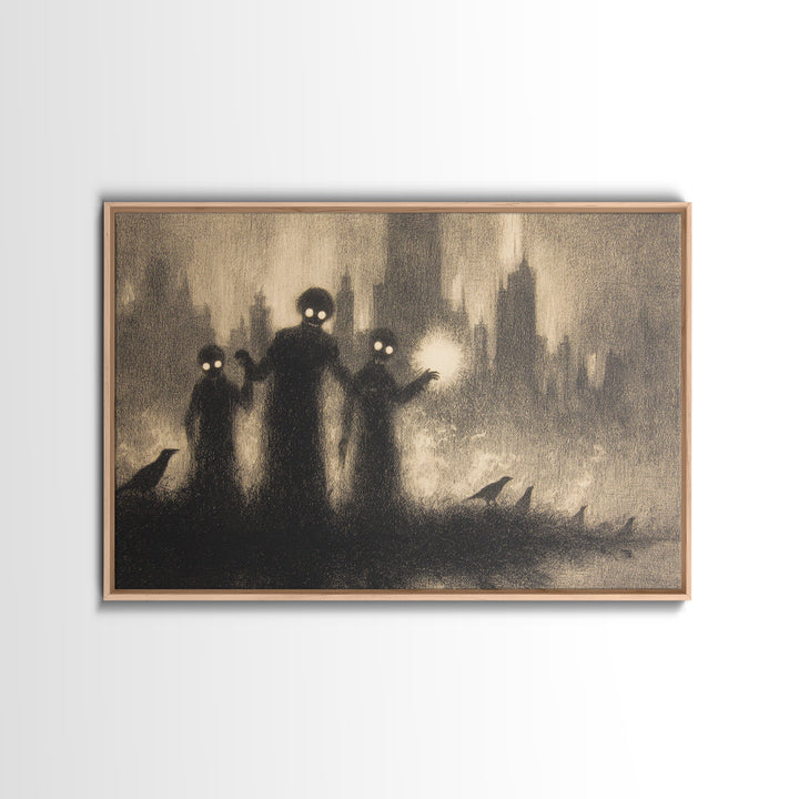 The Haunted City Skyline, Symbolist Dream Art, Landscape Wall Art, Dark Halloween Decor, Framed Canvas Print, Halloween Wall Art