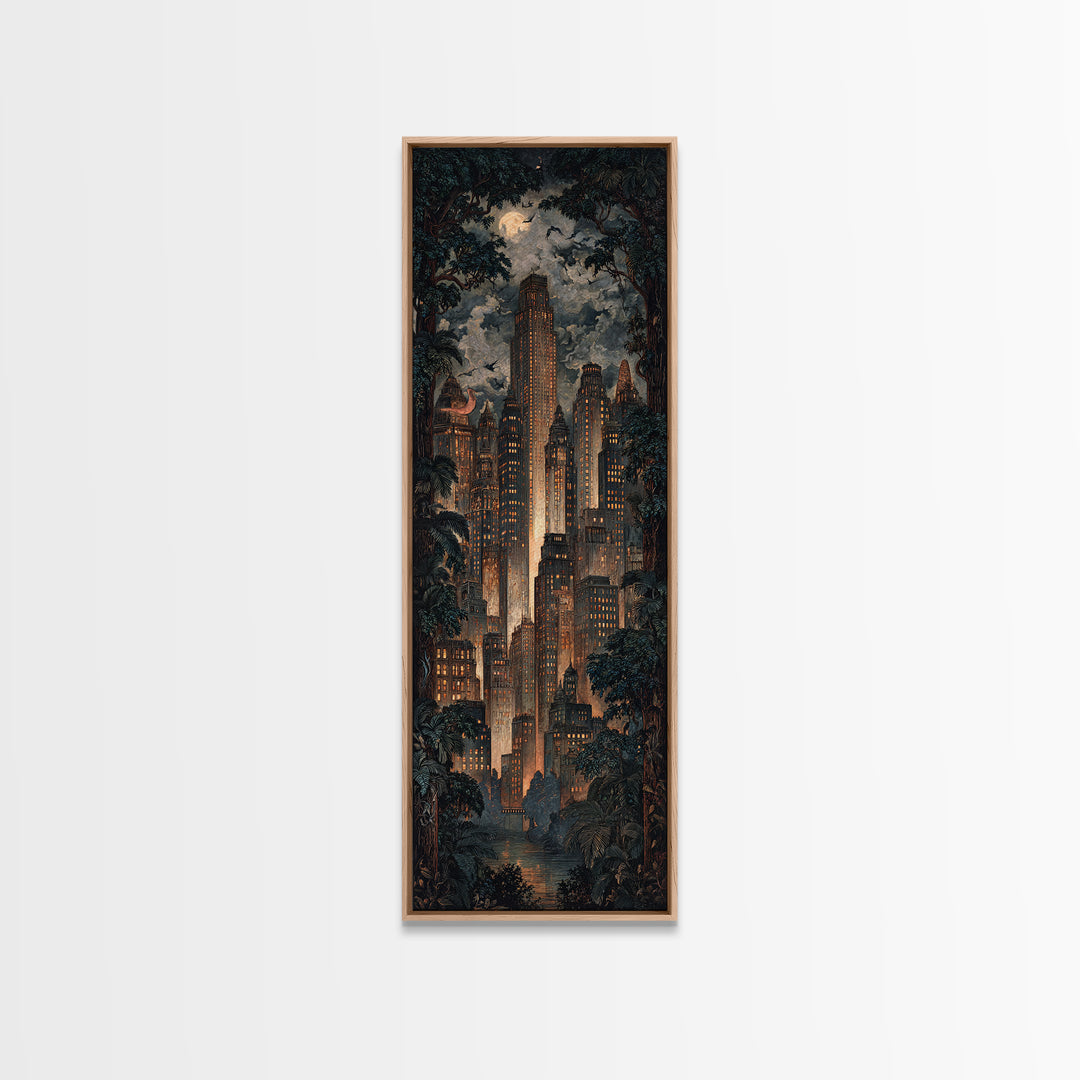 The Haunted City Skyline, Dark Symbolist Art, Tall Narrow Wall Art, Dark Fantasy Wall Art, Framed Canvas Print, Halloween Wall Art