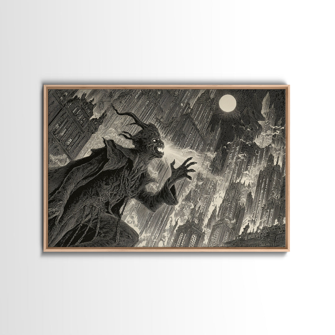 The Haunted City Skyline, Symbolist Etching Art, Landscape Wall Art, Dark Halloween Decor, Canvas Print, Halloween Wall Art