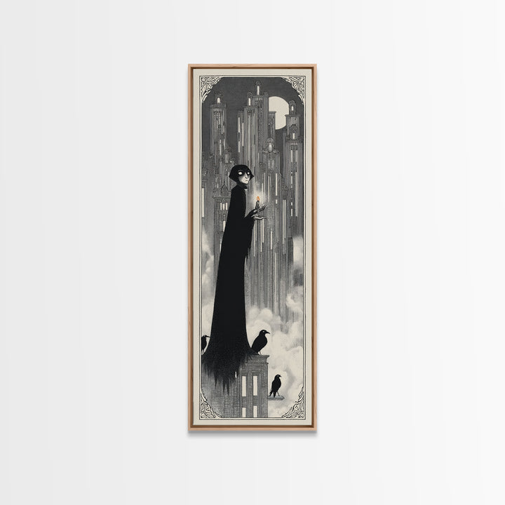 The Haunted City Skyline, Decadent Line Art, Tall Narrow Wall Art, Macabre Wall Art, Framed Canvas Print, Halloween Wall Art