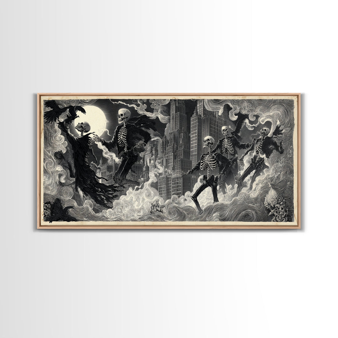 The Haunted City Skyline, Macabre Folk Print Art, Wide Panoramic Art, Gothic Horror Wall Art, Canvas Print, Halloween Wall Art