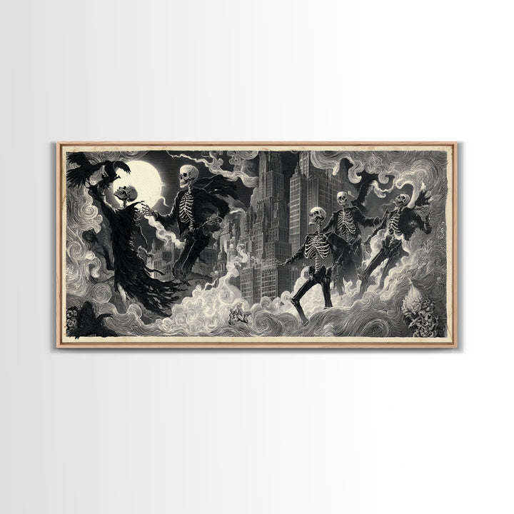 The Haunted City Skyline, Macabre Folk Print Art, Wide Panoramic Art, Gothic Horror Wall Art, Canvas Print, Halloween Wall Art
