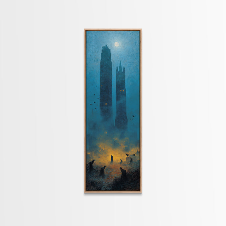 The Haunted City Skyline, Surreal Apocalyptic Art, Tall Narrow Wall Art, Dark Halloween Decor, Framed Canvas Print