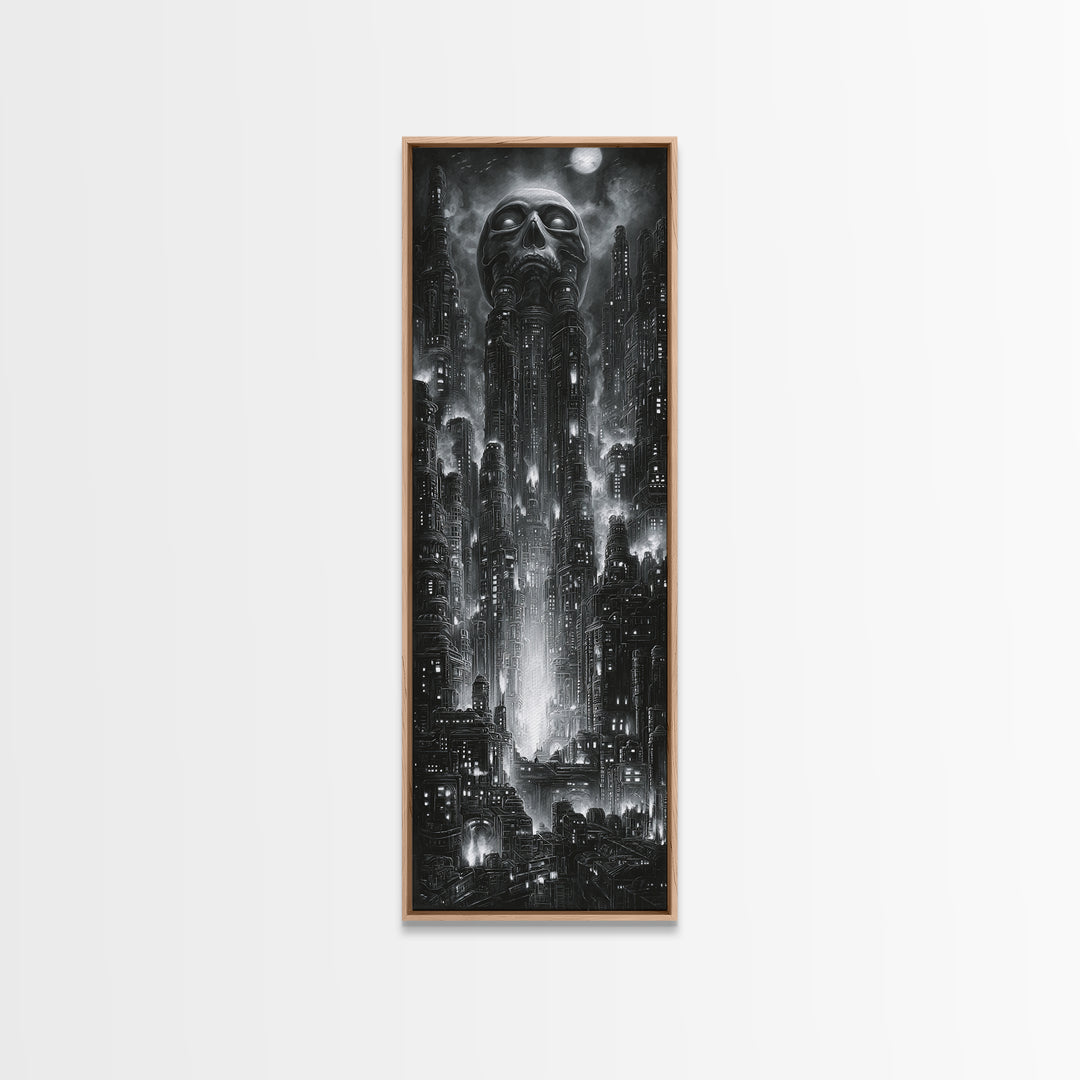 The Haunted City Skyline, Biomechanical Horror Art, Tall Narrow Wall Art, Dark Fantasy Wall Art, Canvas Print, Halloween Wall Art