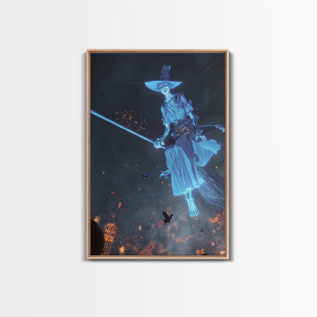 The Cyberpunk Witch, Gothic Nightmare Art, Vertical Wall Art, Dark Halloween Decor, Framed Canvas Print, Halloween Wall Art