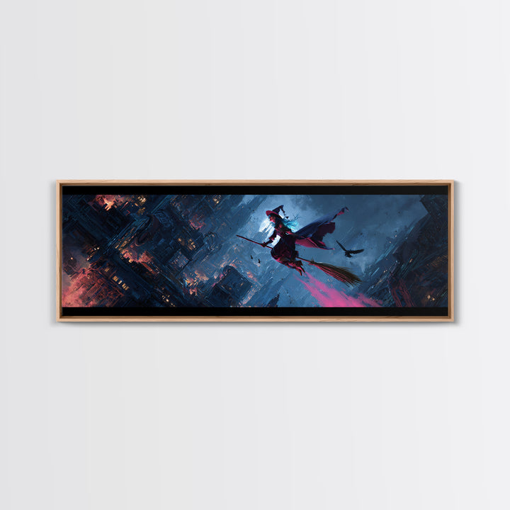 The Cyberpunk Witch, Apocalyptic Romantic Art, Extra Wide Wall Art, Dark Halloween Decor, Framed Canvas Print, Halloween Wall Art