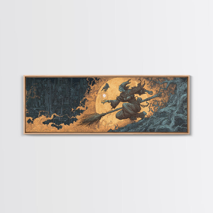 The Cyberpunk Witch, Gothic Storybook Art, Extra Wide Wall Art, Gothic Horror Wall Art, Canvas Print, Halloween Wall Art