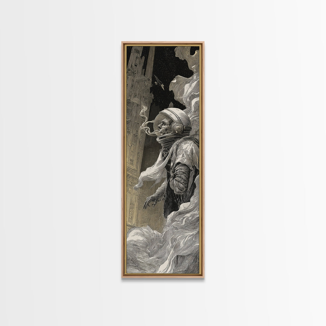 The Astronaut Ghost, Gothic Engraving Art, Tall Narrow Wall Art, Dark Halloween Decor, Framed Canvas Print, Halloween Wall Art