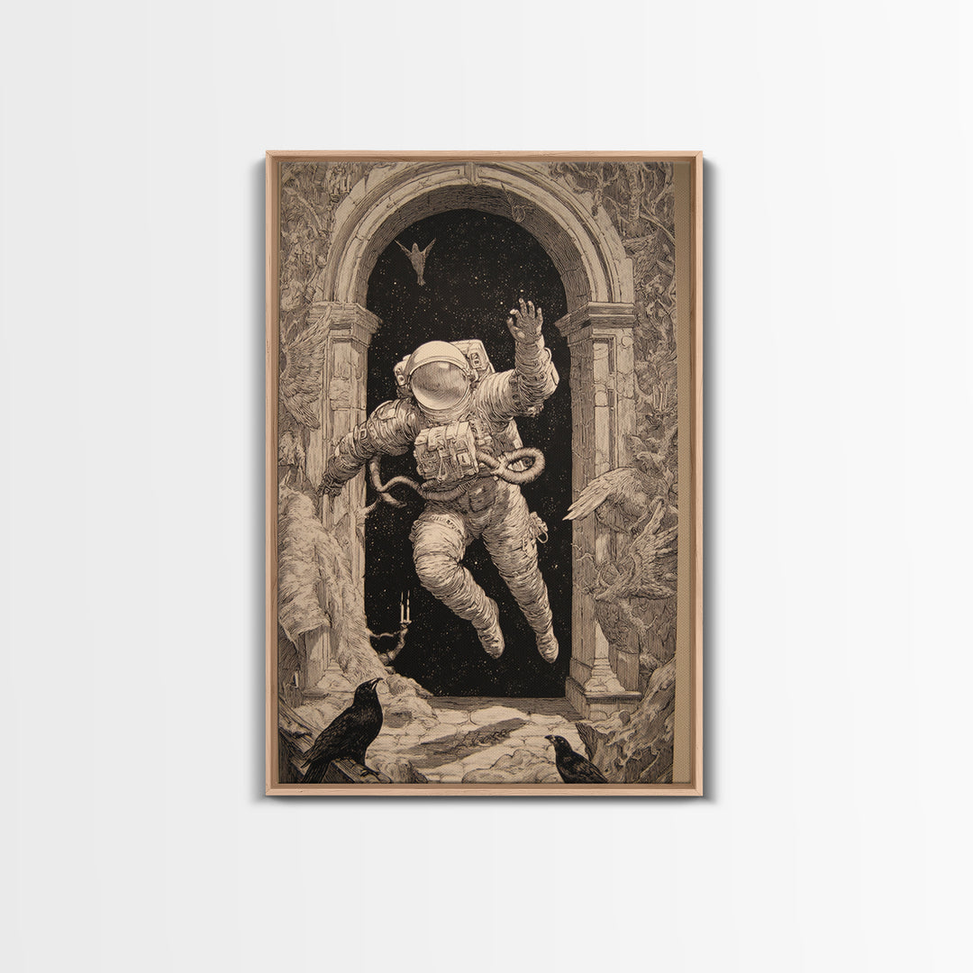 The Astronaut Ghost, Renaissance Engraving Art, Vertical Wall Art, Dark Fantasy Wall Art, Framed Canvas Print, Halloween Wall Art