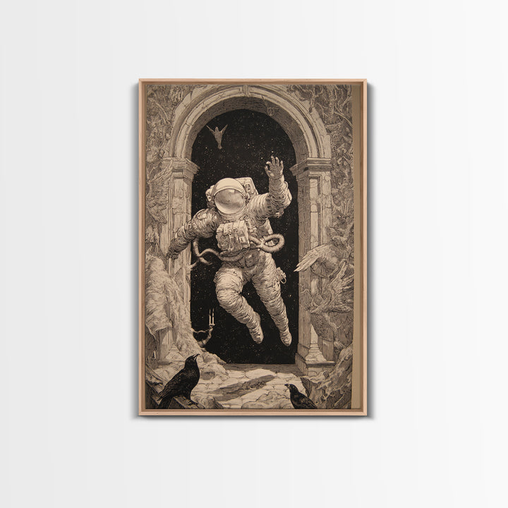 The Astronaut Ghost, Renaissance Engraving Art, Vertical Wall Art, Dark Fantasy Wall Art, Framed Canvas Print, Halloween Wall Art