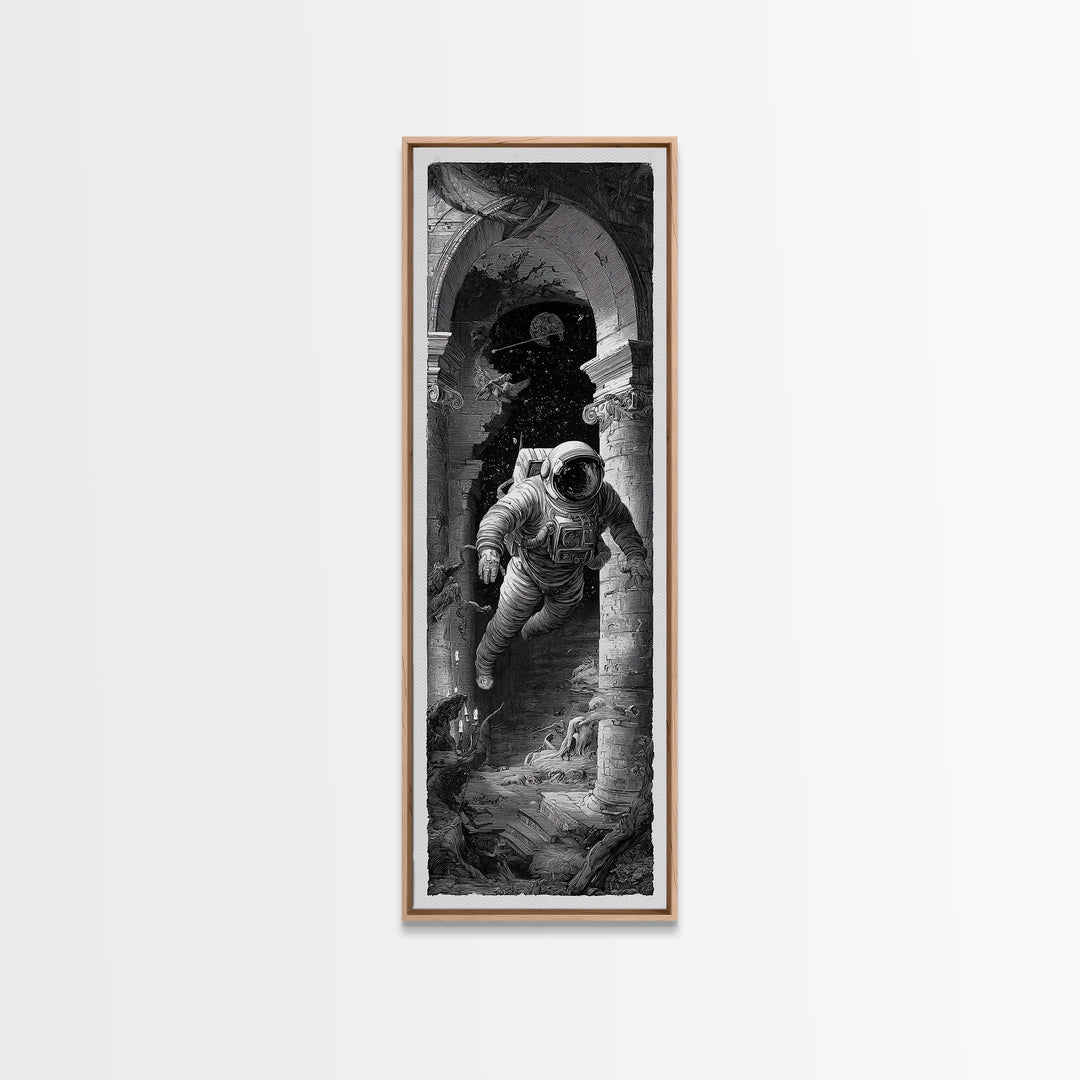 The Astronaut Ghost, Architectural Etching Art, Tall Narrow Wall Art, Dark Halloween Decor, Framed Canvas Print