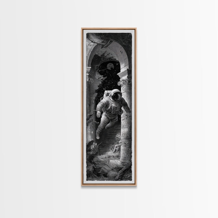 The Astronaut Ghost, Architectural Etching Art, Tall Narrow Wall Art, Dark Halloween Decor, Framed Canvas Print