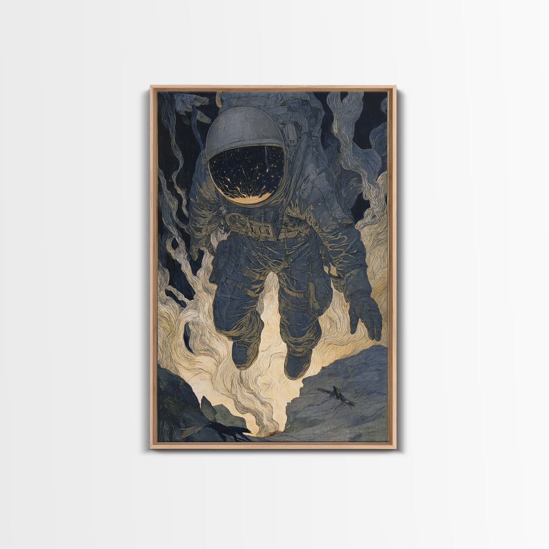 The Astronaut Ghost, Symbolist Etching Art, Vertical Wall Art, Macabre Wall Art, Framed Canvas Print, Halloween Wall Art