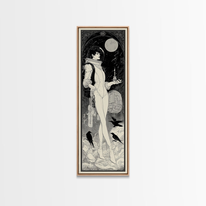 The Astronaut Ghost, Decadent Line Art, Tall Narrow Wall Art, Gothic Horror Wall Art, Canvas Print, Halloween Wall Art
